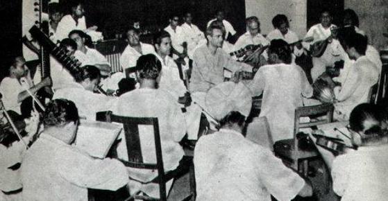 OP Nayyar with his musicians recording a song