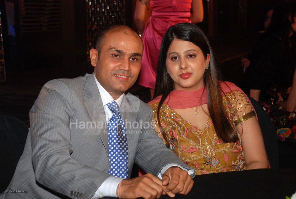 Virender Sehwag with wife Aarti at the opening of Pal Zileri's first store in Mumbai  in The Hilton Towers on March 14th 2008