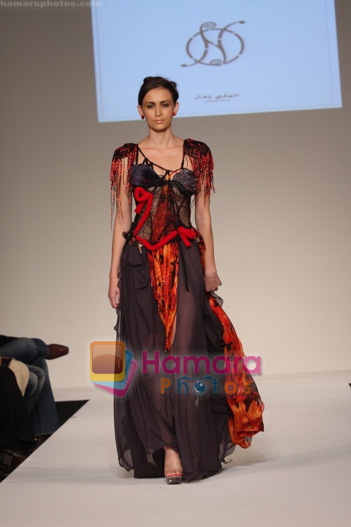 Model showcasing Nili Zahar's Luxurious line of designer collection at Dubai Fashion Week on April 11th 2008 