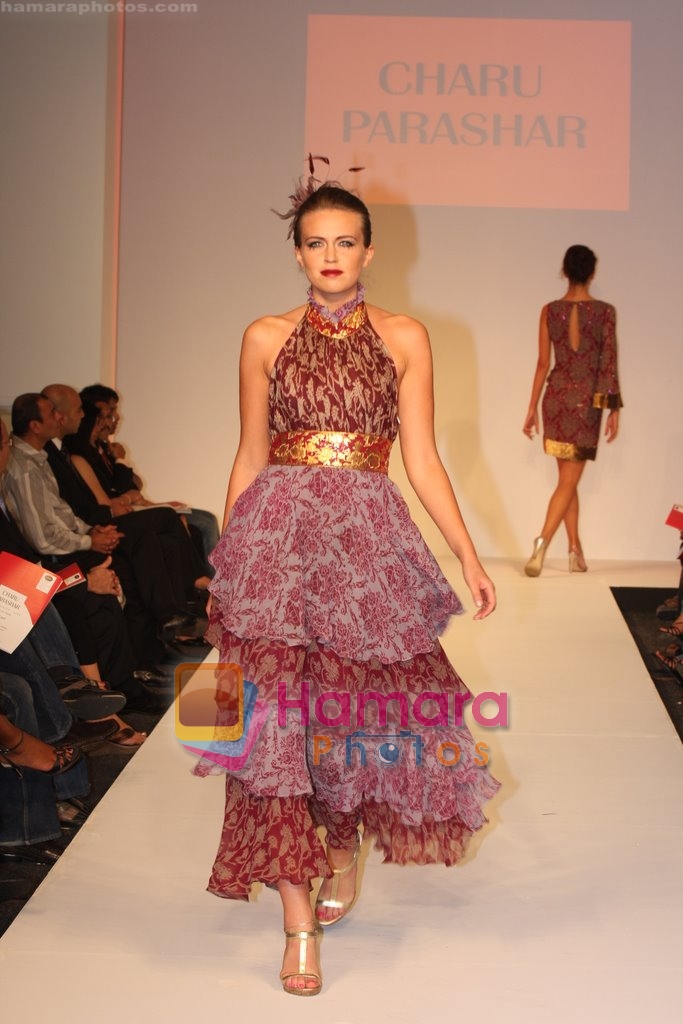 Model showcasing Charu Parashars Luxurious line of designer collection at Dubai Fashion Week 