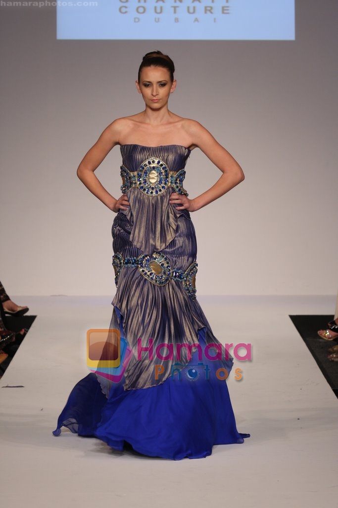 Model showcasing Ghanati coutures Luxurious line of designer collection at Dubai Fashion Week on April 11th 2008 