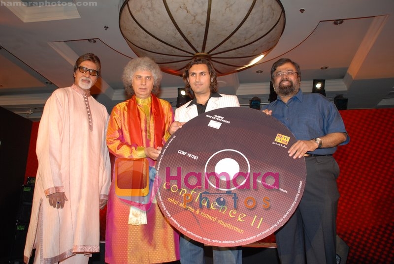 Amitabh Bachchan, Pandit Shiv kumar sharma, Rahul Sharma at the Launch of Rahul Sharma and Richard Clayderman's new album 'Confluence II_ on May 12th 2008