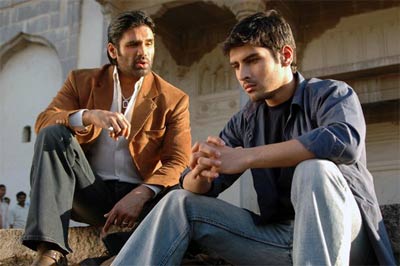 Suniel Shetty and Sameer Dattani in a still from the movie Mukhbiir