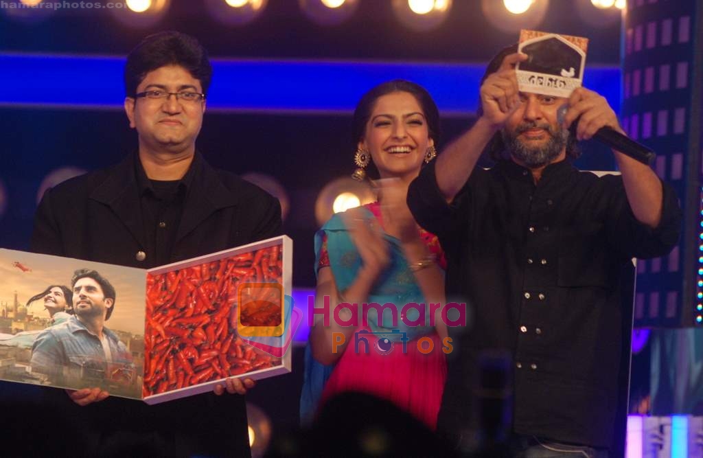 Prasoon Joshi, Sonam Kapoor and Rakesh Mehra on the sets of Indian Idol 4 in R K Studios on 17th Jan 2009 