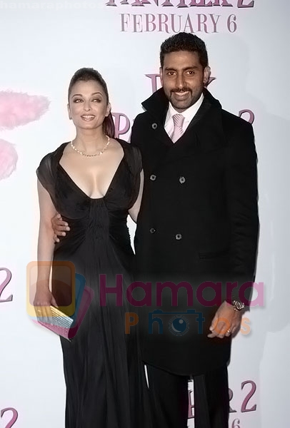 Aishwarya Rai Bachchan, Abhishek Bachchan attends the premiere of the movie THE PINK PANTHER 2 at the Ziegfeld Theater on February 3, 2009 in New York City