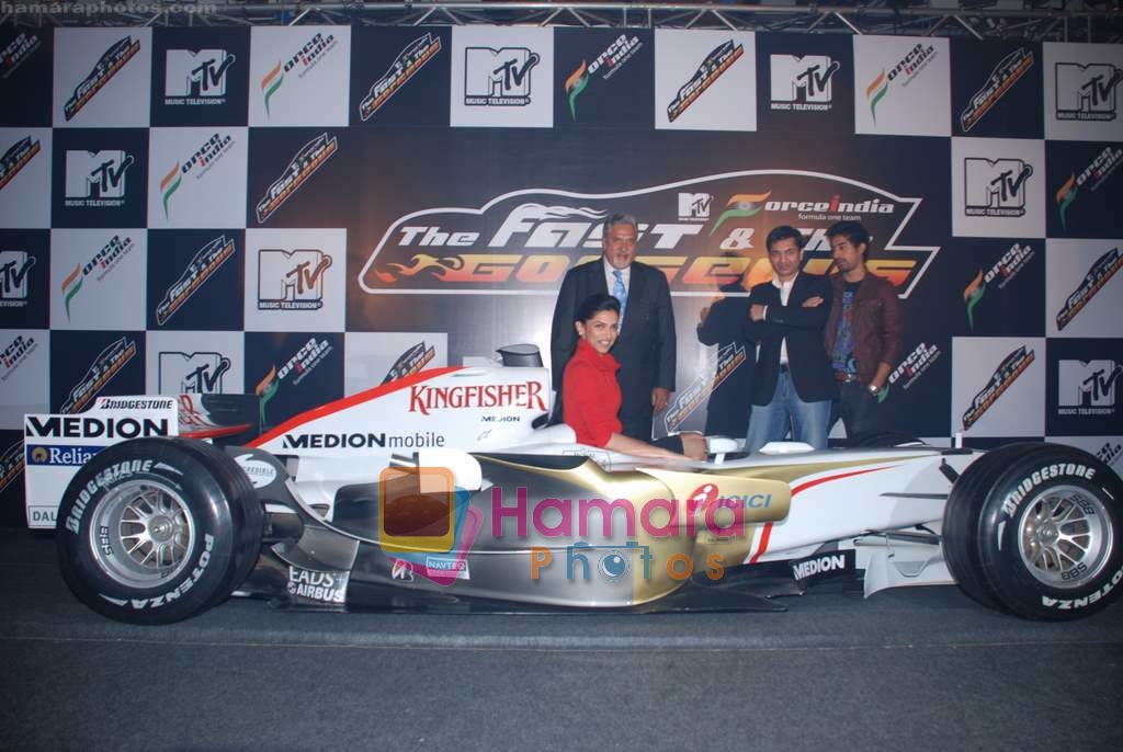 Vijay Mallya, Deepika Padukone, VJ Ranvijay at Force India-MTV Kingfisher F1 show launch in Taj Land's End on 10th Feb 2009 