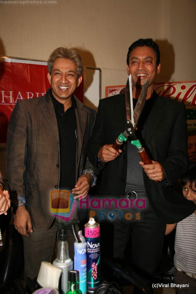 Irrfan Khan, hair dresser Jawed Habib at a promotional event for the upcoming film Billu on 11th Feb 2009 