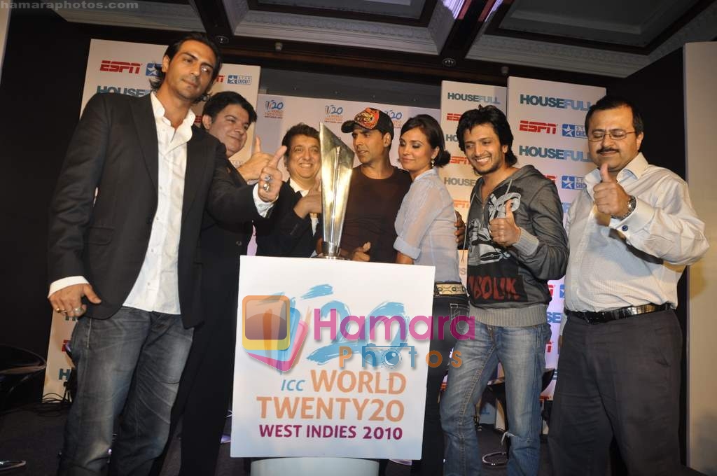 Arjun Rampal, Sajid Khan, Sajid Nadiadwala, Akshay Kumar, Lara Dutta, Ritesh Deshmukh at Housefull-ICC T20 World Cup media meet Taj Lands End, Bandra, Mumbai on 14th April 2010 