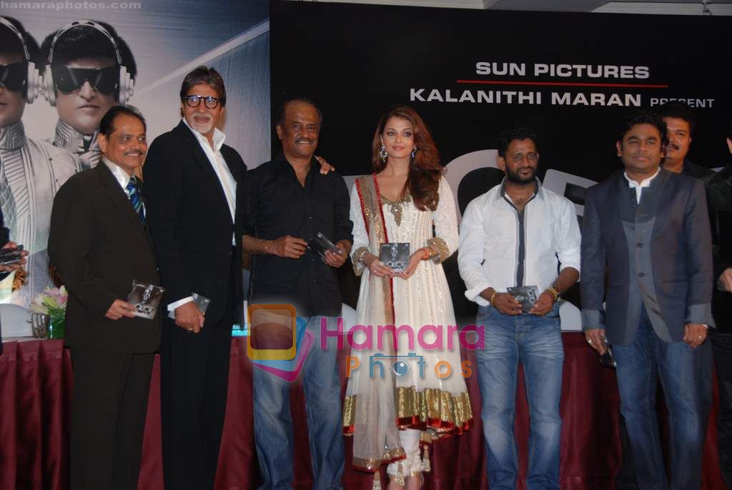 Aishwarya Rai Bachchan, Amitabh Bachchan, Rajnikanth, A R Rahman, Resul Pookutty at Robot music launch in J W Marriott on 14th Aug 2010 