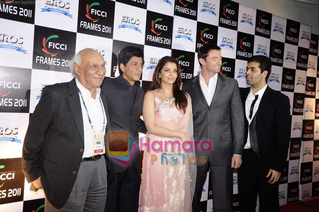 Shahrukh Khan, Aishwarya Rai Bachchan, Hugh Jackman, Karan Johar, Yash Chopra at FICCI-FRAMES 2011 seminar on 25th March 2011 