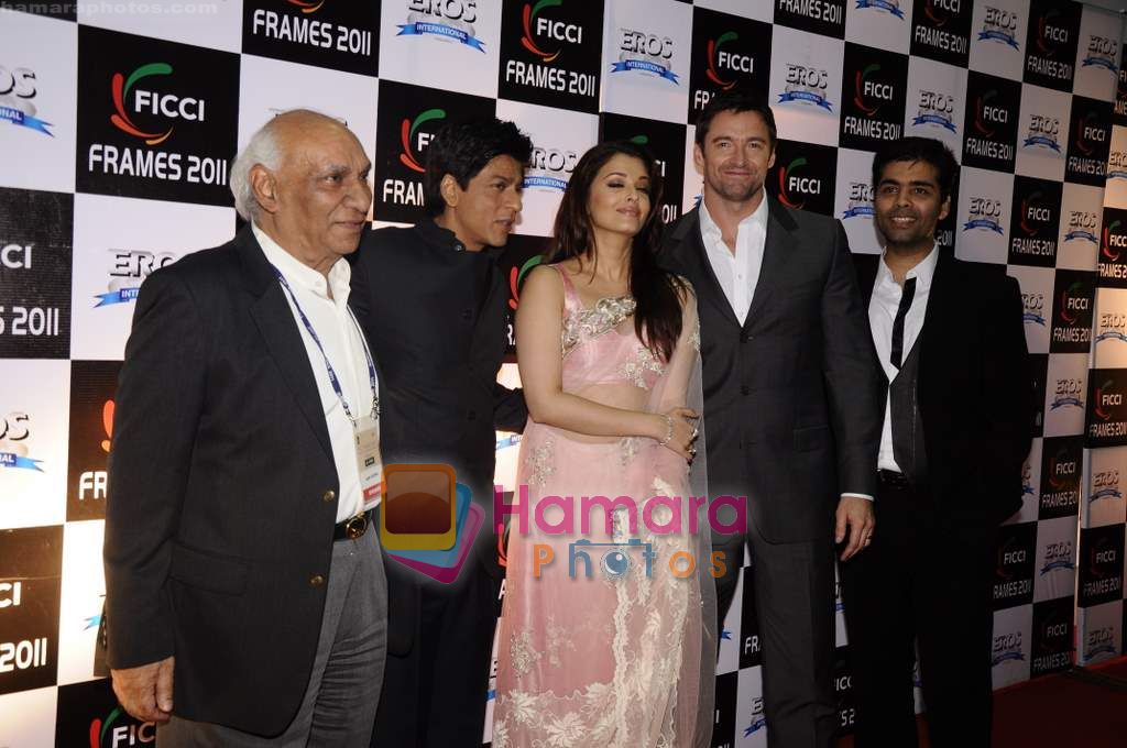 Shahrukh Khan, Aishwarya Rai Bachchan, Hugh Jackman, Karan Johar, Yash Chopra at FICCI-FRAMES 2011 seminar on 25th March 2011 