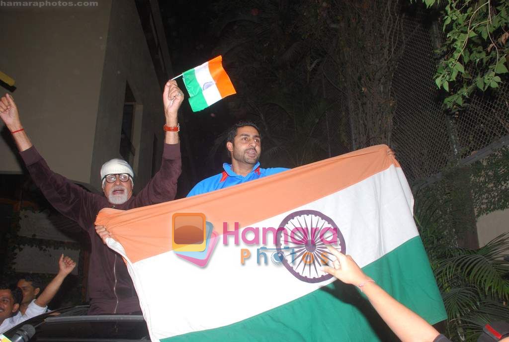 Abhishek Bachchan celebrates India's victory in Juhu, Mumbai on 2nd April 2011 