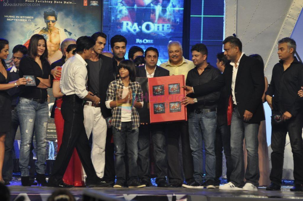 Dalip Tahil, Kareena Kapoor, Arjun Rampal, Karan Johar, Sunil A. Lulla, Satish Shah, Bhushan Kumar, Shahrukh Khan, Anubhav Sinha at the audio release of Ra.One in Filmcity, Mumbai on 12th Sept 2011 (12