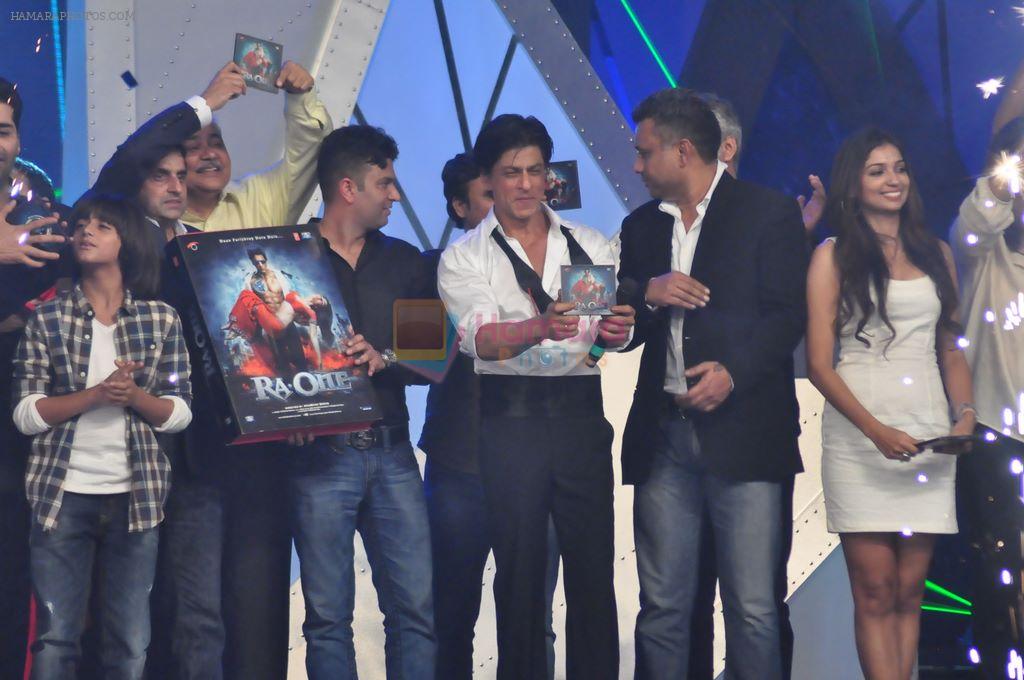 Karan Johar, Sunil A. Lulla, Satish Shah, Bhushan Kumar, Shahrukh Khan, Anubhav Sinha, Bhushan Kumar at the audio release of Ra.One in Filmcity, Mumbai on 12th Sept 2011