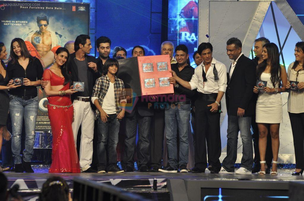 Dalip Tahil, Kareena Kapoor, Arjun Rampal, Karan Johar, Sunil A. Lulla, Satish Shah, Bhushan Kumar, Shahrukh Khan, Anubhav Sinha at the audio release of Ra.One in Filmcity, Mumbai on 12th Sept 2011 (12