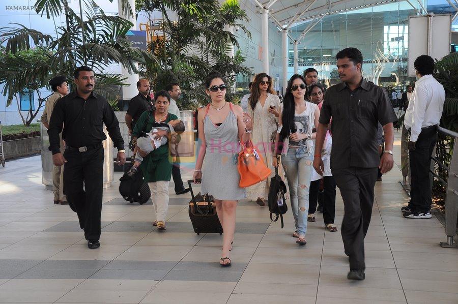 Manyata Dutt, Deepika Padukone return from Varun Dhawan's Wedding in Goa at Domestic Airport, Mumbai on 12th Feb 2012