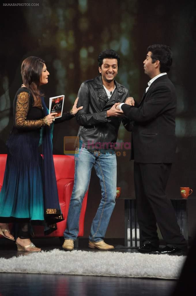Ritesh Deshmukh, Karan Johar, Raveena Tandon on the sets of NDTV show with Raveena in Yashraj on 7th March 2012