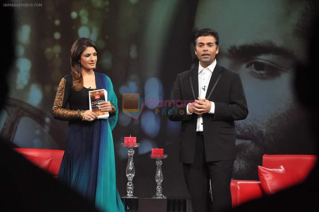 Raveena Tandon, Karan Johar on the sets of NDTV show with Raveena in Yashraj on 7th March 2012