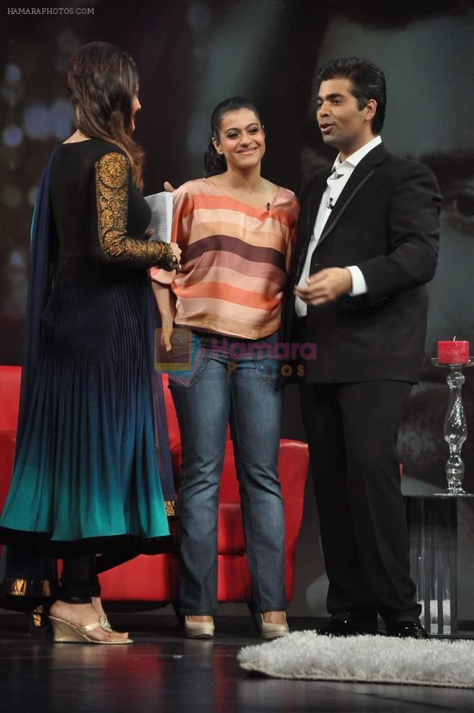 Raveena Tandon, Kajol, Karan Johar on the sets of NDTV show with Raveena in Yashraj on 7th March 2012