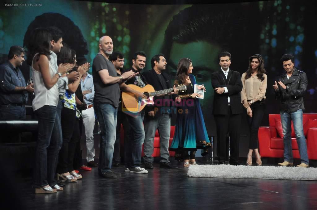 Deepika Padukone, Ritesh Deshmukh, Karan Johar, Raveena Tandon, Shankar Ehsaan Loy on the sets of NDTV show with Raveena in Yashraj on 7th March 2012