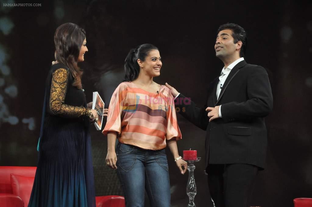 Raveena Tandon, Kajol, Karan Johar on the sets of NDTV show with Raveena in Yashraj on 7th March 2012