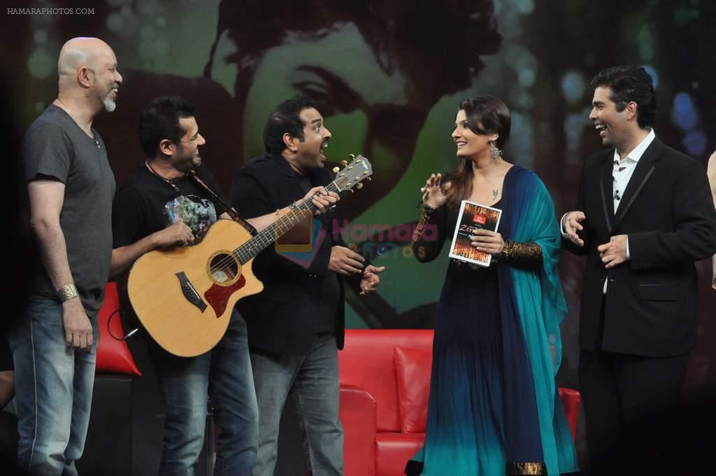 Karan Johar, Raveena Tandon, Shankar Ehsaan Loy  on the sets of NDTV show with Raveena in Yashraj on 7th March 2012