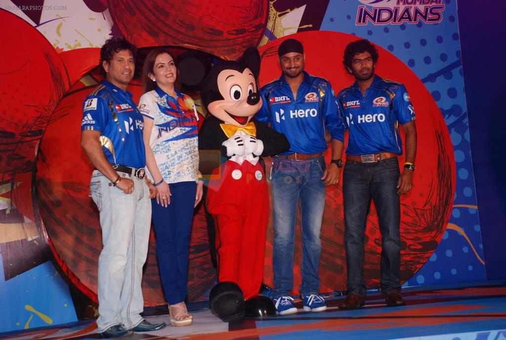 Sachin Tendulkar, Nita Ambani, Harbhajan Singh at Mumbai Indians Mickey merchandise launch in Trident, Mumbai on 5th April 2012