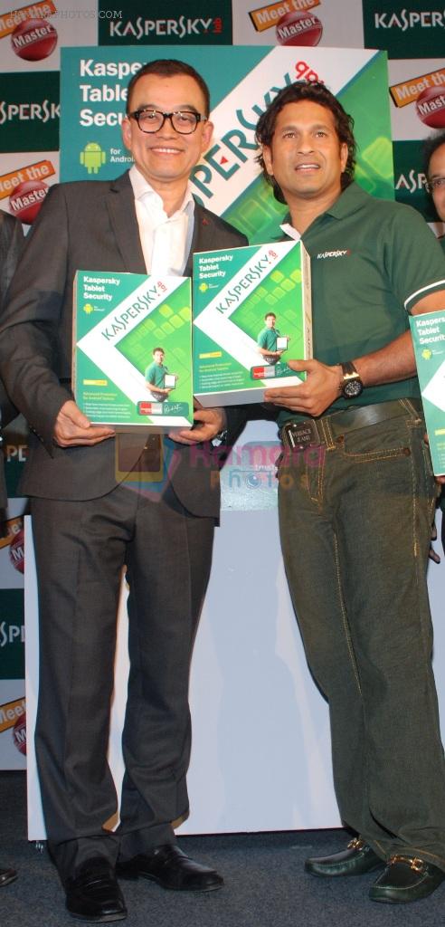 Harry Cheung, MD- Kaspersky Lab, APAC with Brand ambassador Sachin Tendulkar at the Launch of Kaspersky Tablet Security in ITC Grand Central Sheraton on 6th June 2012