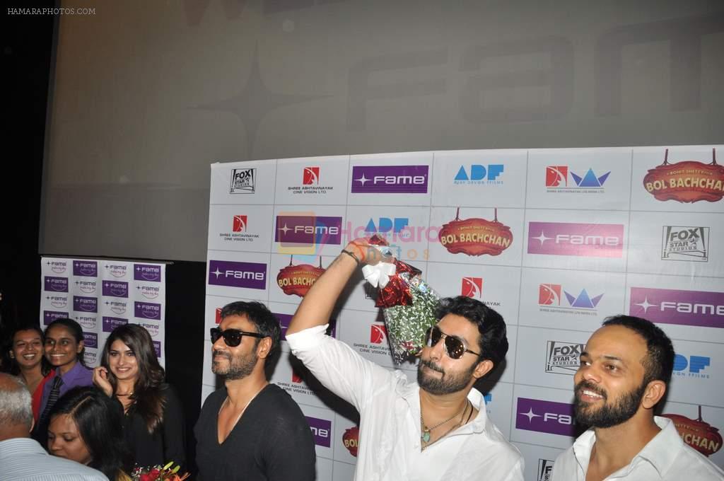 Abhishek Bachchan, Ajay Devgan, Rohit Shetty, Prachi Desai at Bol Bachchan promotions in Fame on 6th July 2012