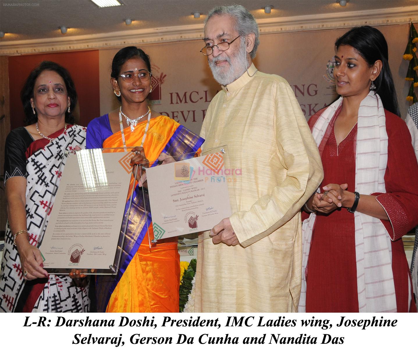 Darshana Doshi, Josephine Selvaraj, Gerson da Cunha and Nandita Das awarded IMC Ladies Wing Jankidevi Bajaj Puraskar 2012 on 8th Jan 2013