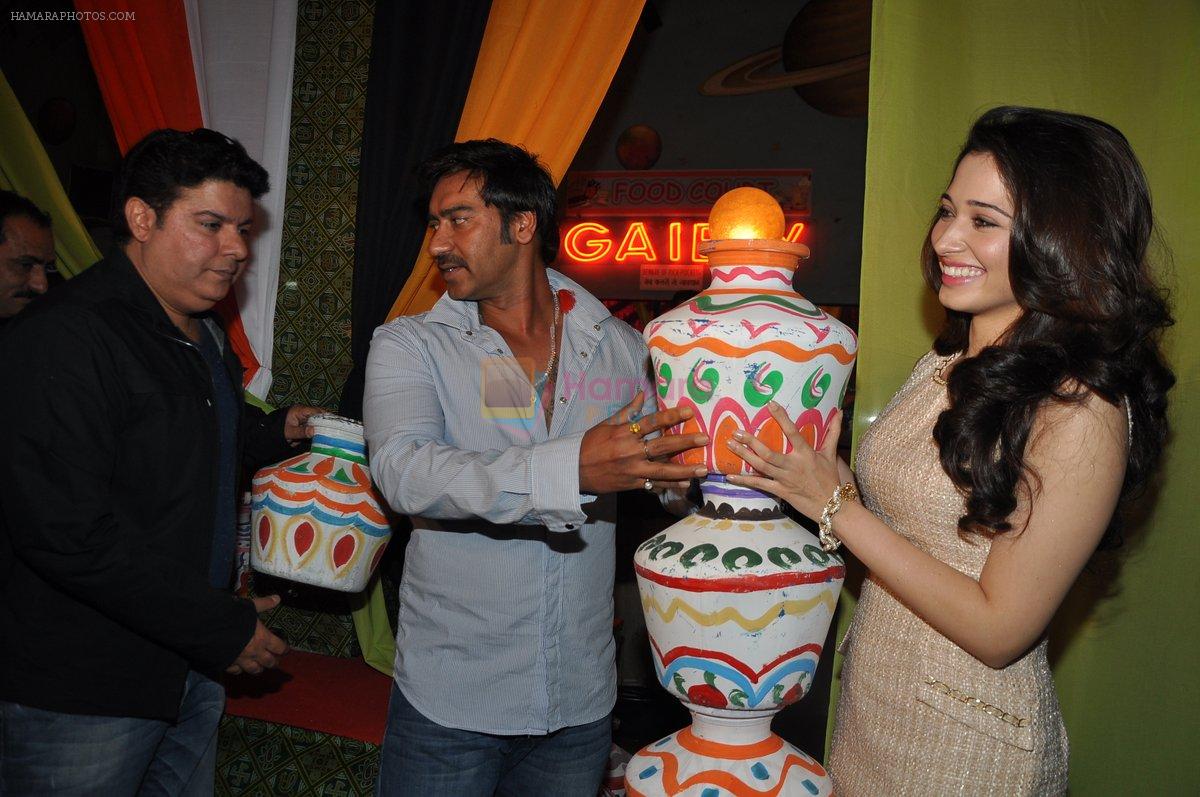 Tamannaah Bhatia, Ajay Devgan, Sajid Khan at the First look launch of Himmatwala the Gaiety, Mumbai on 24th Jan 2013