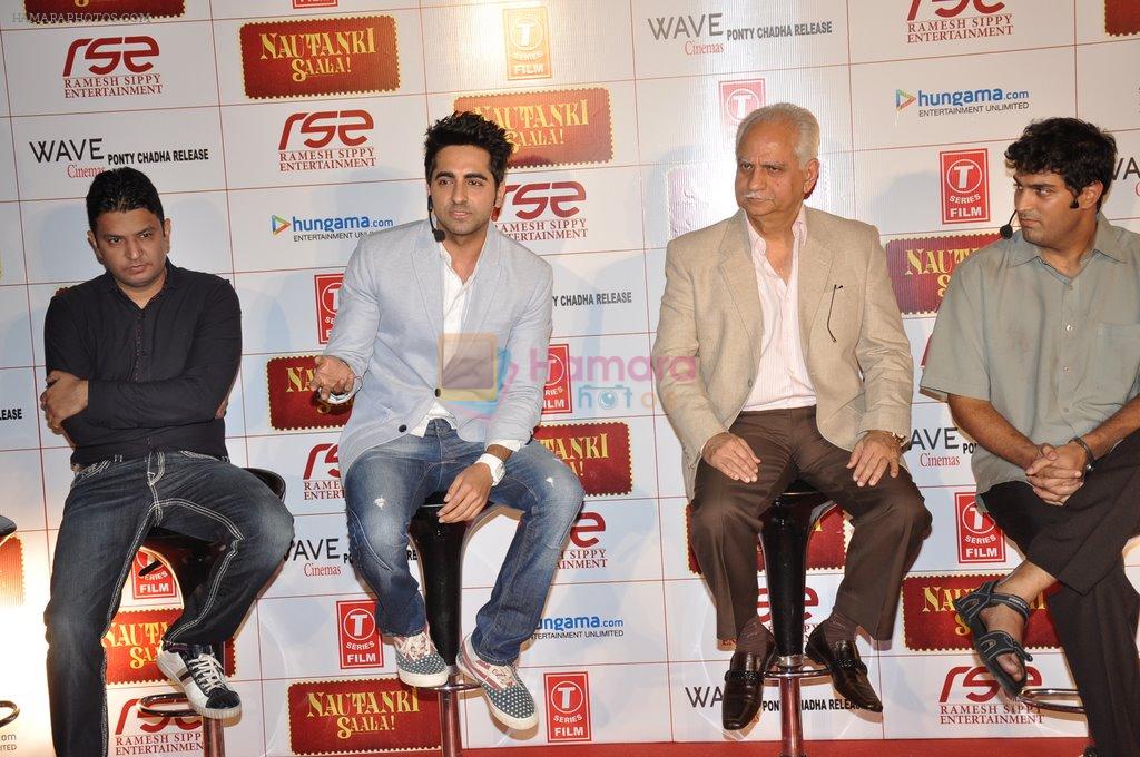 Bhushan Kumar, Ayushmann Khurrana, Ramesh Sippy, Kunaal Roy Kapur  at Nautanki film first look in Cinemax, Mumbai on 6th Feb 2013