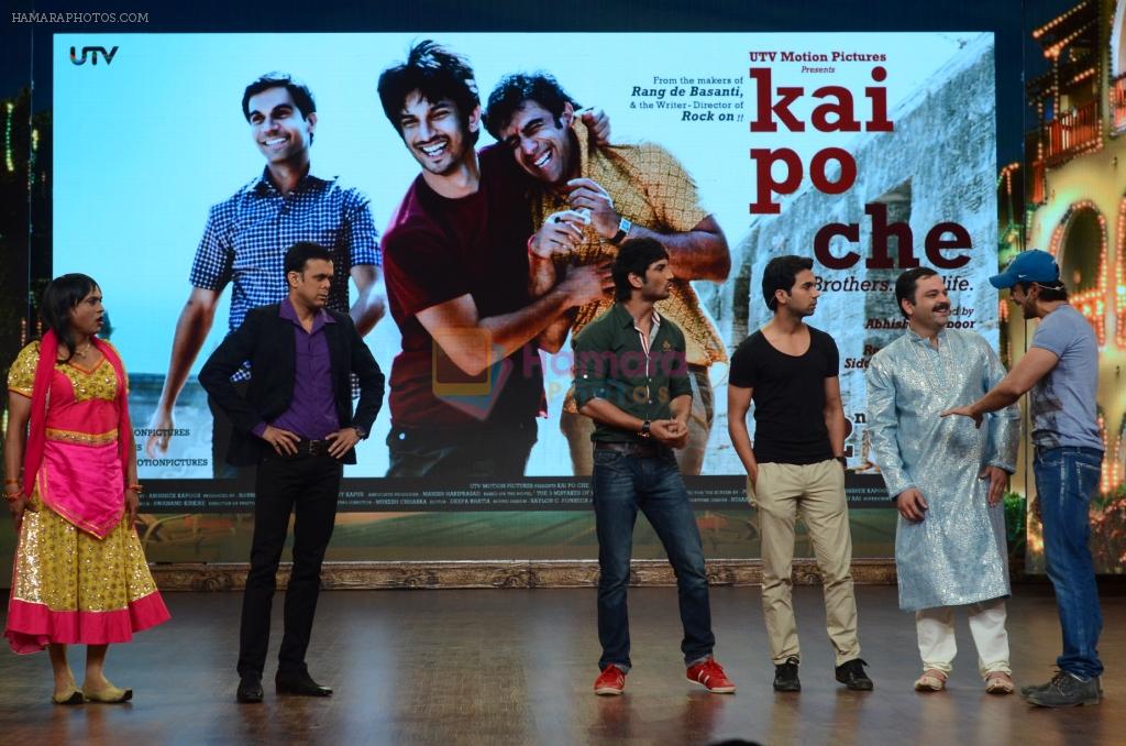 Sushant Singh Rajput, Raj Kumar Yadav and Amit Sadh at the promotions of Kai Po Che on the sets of Nautanki - The Comedy Theatre in Mumbai on 14th Feb 2013