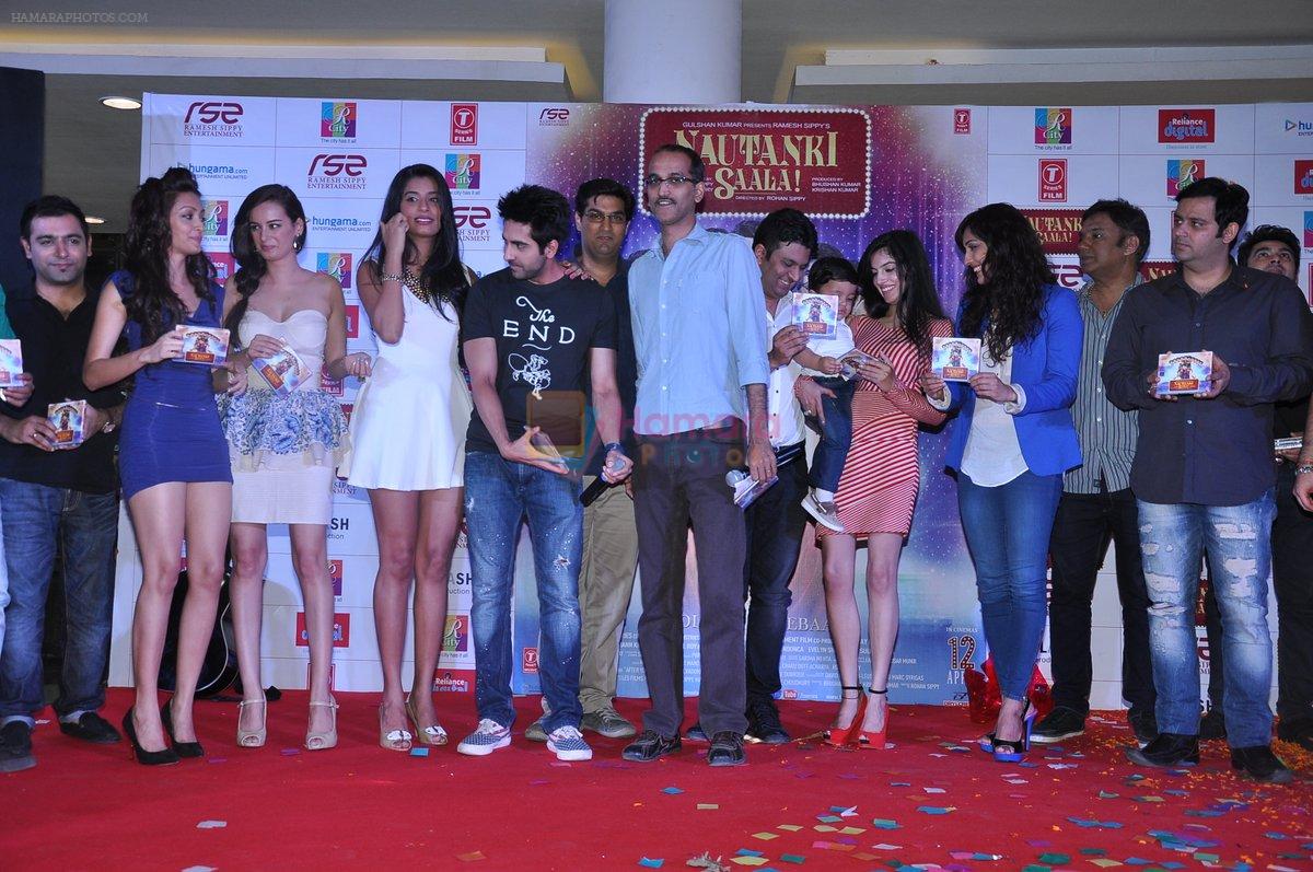 Rohan Sippy, Evelyn Sharma, Kunaal Roy Kapur, Pooja Salvi, Ayushmann Khurrana, Gaelyn Mendonca, Bhushan Kumar, Divya at the Music launch of Nautanki Saala at R City Mall in Mumbai on 26th Feb 2013