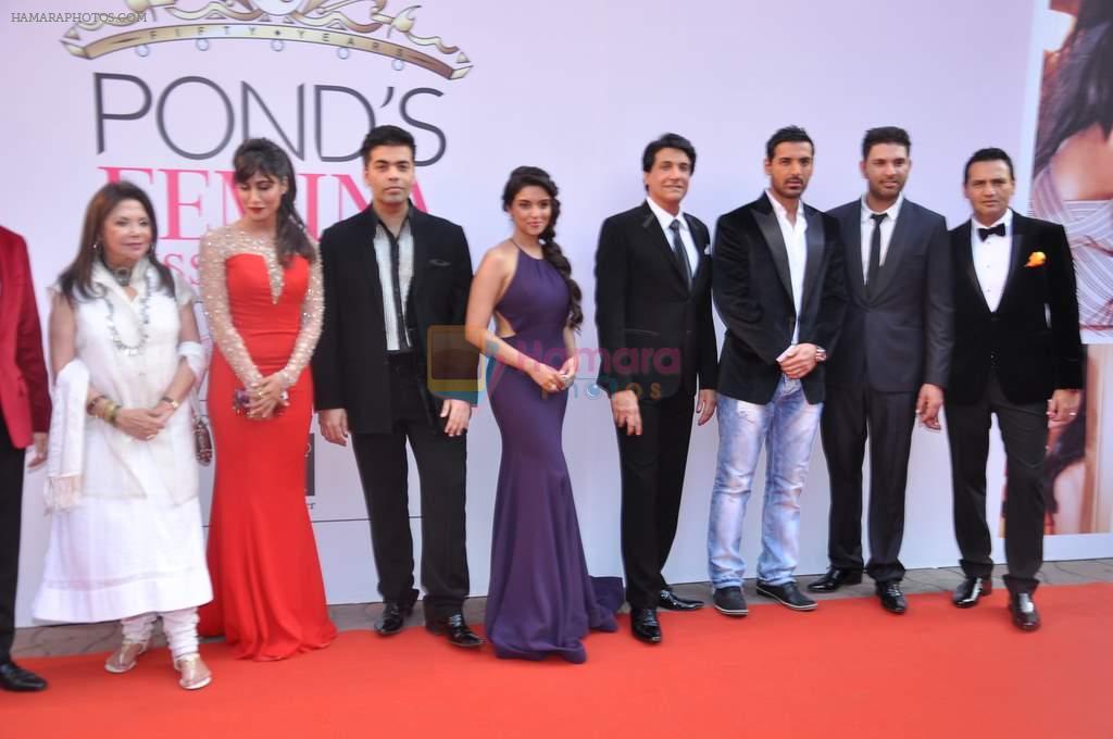 Chitrangada Singh, Asin Thottumkal, Karan Johar, Shaimak Dawar, John Abraham, Yuvraj Singh, Marc Robinson at Femina Miss India finals in Mumbai on 24th March 2013
