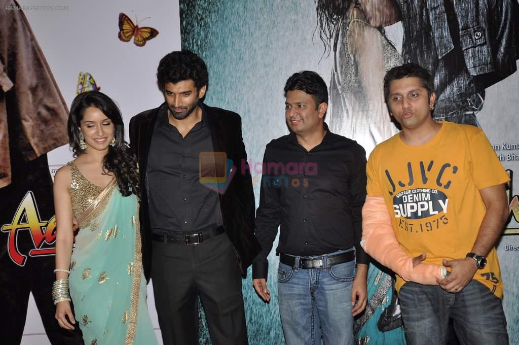 Shraddha Kapoor, Aditya Roy Kapur, Bhushan Kumar, Mohit Suri at the Audio release of Aashiqui 2 at Sudeep Studios in Khar, Mumbai on 8th April 2013