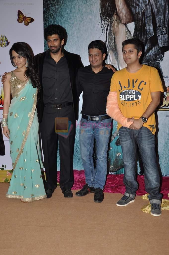 Shraddha Kapoor, Aditya Roy Kapur, Bhushan Kumar, Mohit Suri at the Audio release of Aashiqui 2 at Sudeep Studios in Khar, Mumbai on 8th April 2013