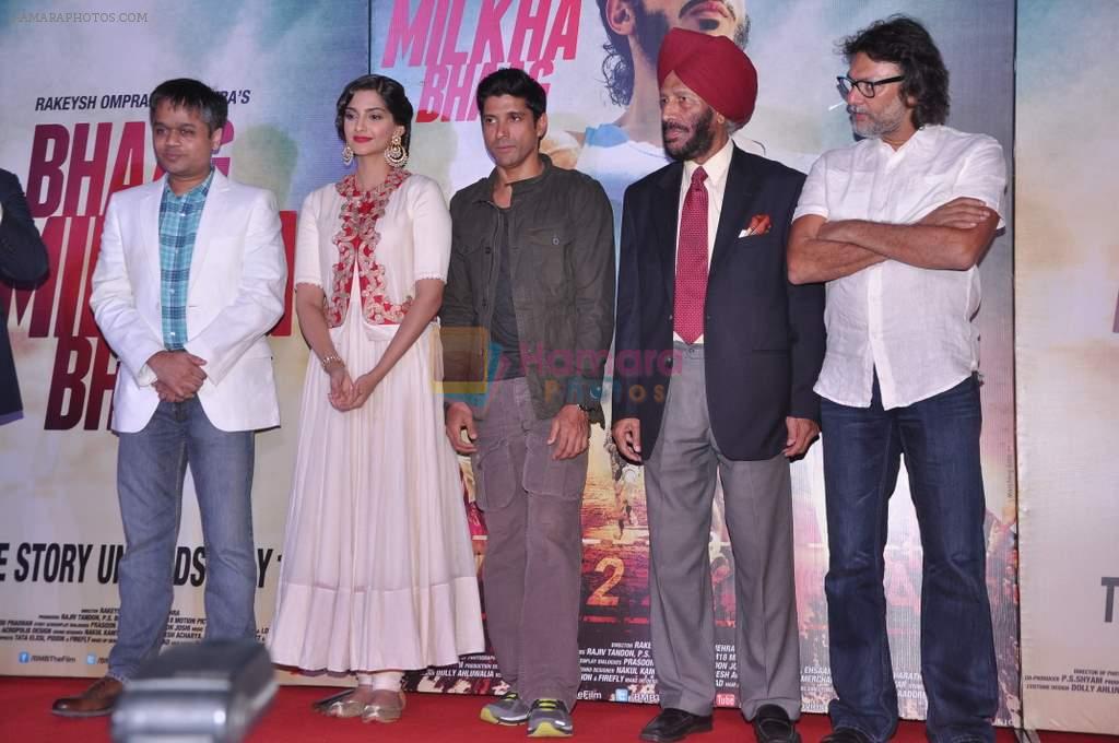 Sonam Kapoor, Rakeysh Omprakash Mehra, Milkha Singh, Farhan Akhtar at the Audio release of Bhaag Milkha Bhaag in PVR, Mumbai on 19th June 2013