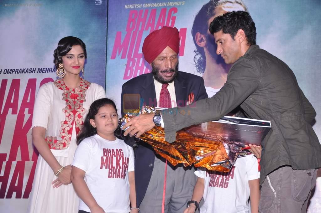 Sonam Kapoor, Milkha Singh, Farhan Akhtar at the Audio release of Bhaag Milkha Bhaag in PVR, Mumbai on 19th June 2013