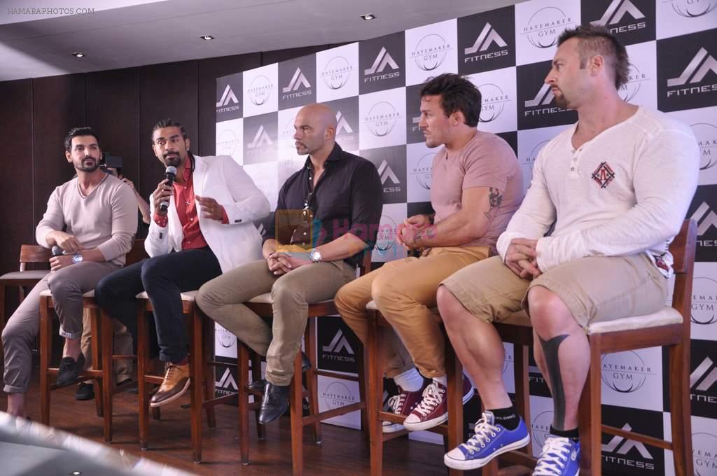 John Abraham and Boxing champion David Haye at the press conference announcing fitness Franchise in Escobar, Bandra, Mumbai on 26th June 2013