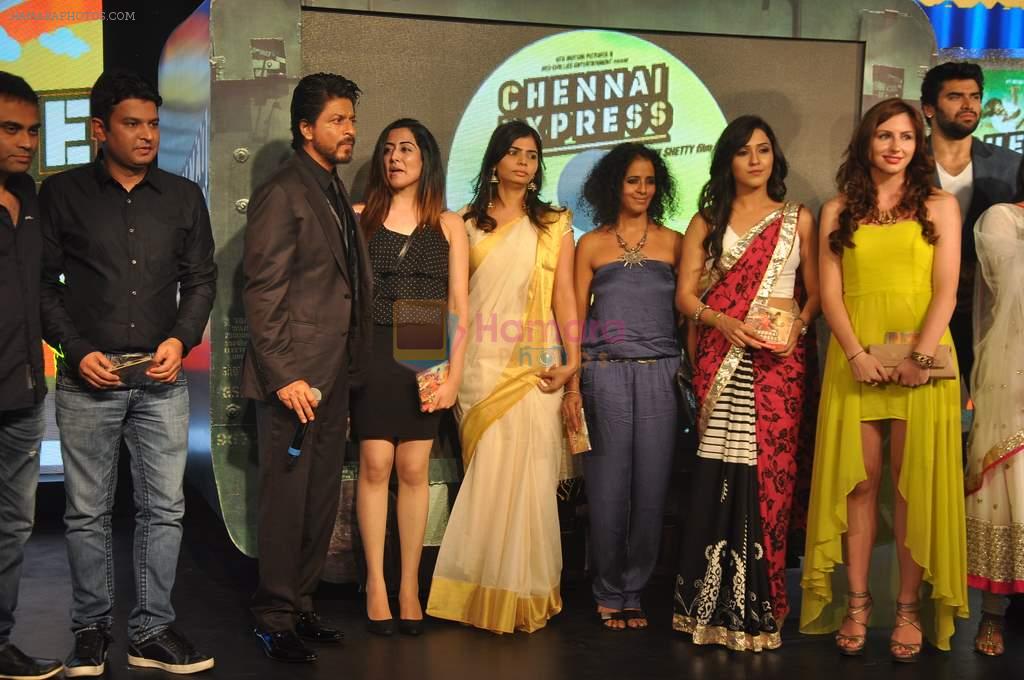 Bhushan Kumar, Rohit Shetty, Shahrukh Khan, Deepika Padukone, Ronnie Screwvala, Nikitin Dheer, Priyamani at the Music Launch of Chennai Express in Mumbai on 3rd July 2013