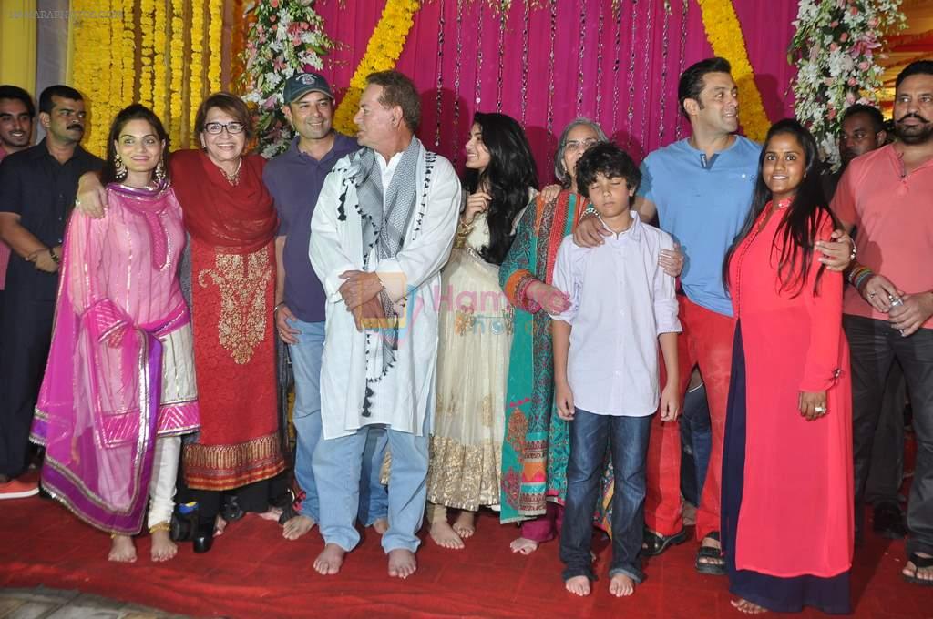 Salman Khan, Salim Khan, Helen, Arpita Khan, Alvira Khan at Arpita's Ganpati celebrations in Mumbai on 9th Sept 2013