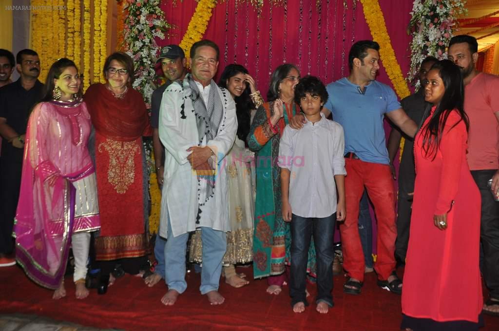 Salman Khan, Salim Khan, Helen, Arpita Khan, Alvira Khan at Arpita's Ganpati celebrations in Mumbai on 9th Sept 2013