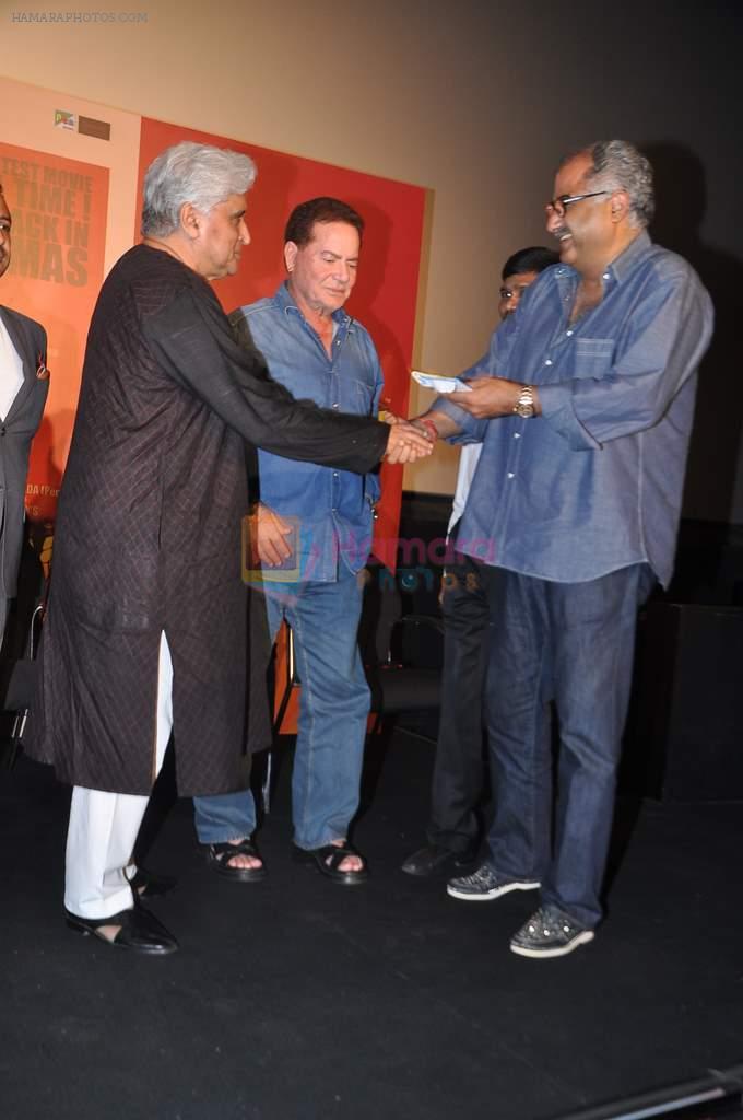 Javed Akhtar, Salim Khan, Boney Kapoor at Sholay 3D launch in PVR, Mumbai on 7th Nov 2013