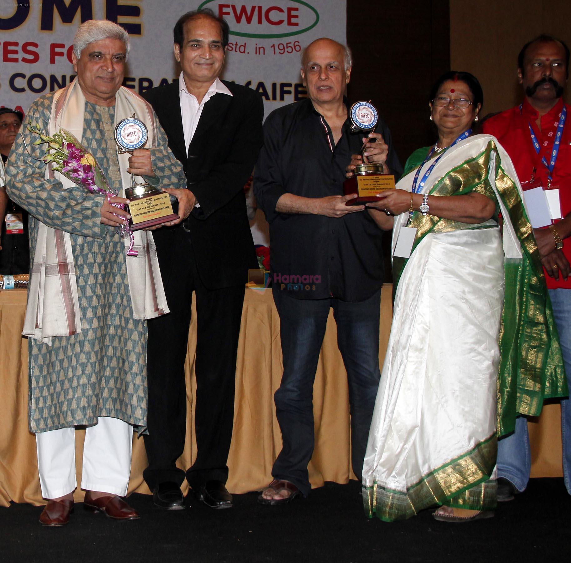 javed akhtar,dharmesh tiwari,mahesh bhatt & aparna ghatak at the launch of All India Film Employees Confederation in Mumbai on 21st Jan 2014