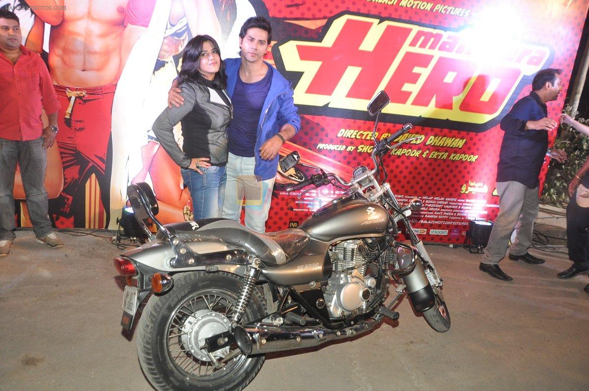 Varun Dhawan takes Ekta Kapoor for a bike ride to promote Main Tera Hero in Goregaon, Mumbai on 31st March 2014