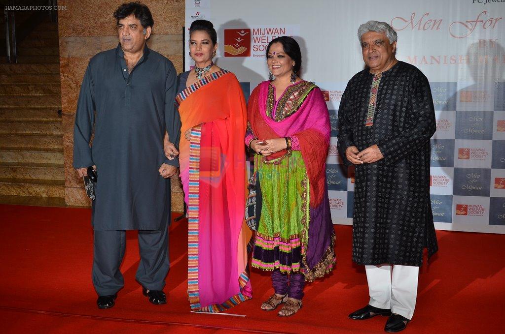 Shabana Azmi, Javed Akhtar, Tanvi azmi at the red carpet for Manish Malhotra Show Men for Mijwan in Mumbai on 1st April 2014