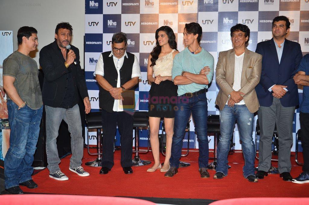 Aamir Khan, Subhash Ghai, Jackie Shroff, Kriti Sanon, Tiger Shroff, Sajid Nadiadwala, Siddharth Roy Kapur, Bhushan Kumar, Sabbir Khan at Heropanti launch in Mumbai on 4th April 2014