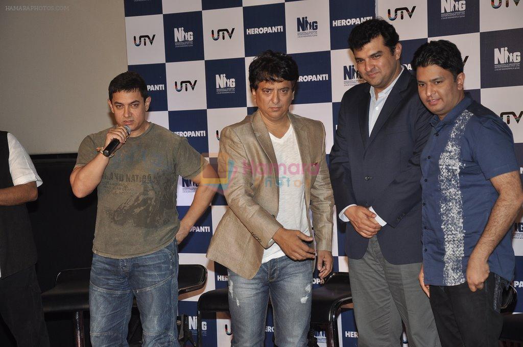 Aamir Khan, Sajid Nadiadwala, Siddharth Roy Kapur, Bhushan Kumar at Heropanti launch in Mumbai on 4th April 2014