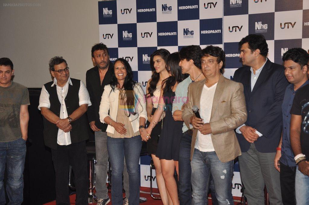 Aamir Khan, Subhash Ghai, Jackie Shroff, Kriti Sanon, Tiger Shroff, Sajid Nadiadwala, Siddharth Roy Kapur, Bhushan Kumar, Sabbir Khan at Heropanti launch in Mumbai on 4th April 2014